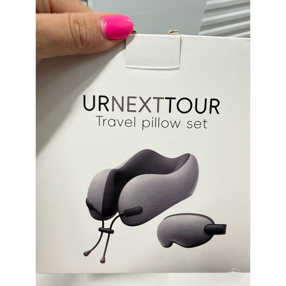 URNEXTTOUR Memory Foam Travel Pillow Set with Sleep Mask and Stuff Sack Gray